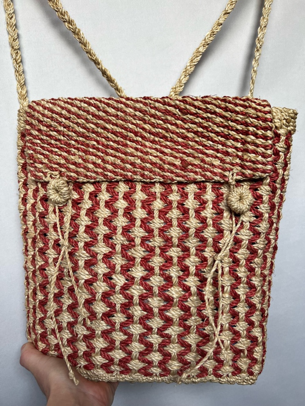 Handwoven Straw Backpack Red Beige Boho Raffia Backpack Festival Beach Bag